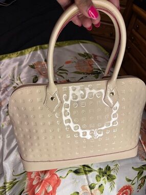 Arcadia Italian Patent Leather Satchel – Cream Embossed Logo